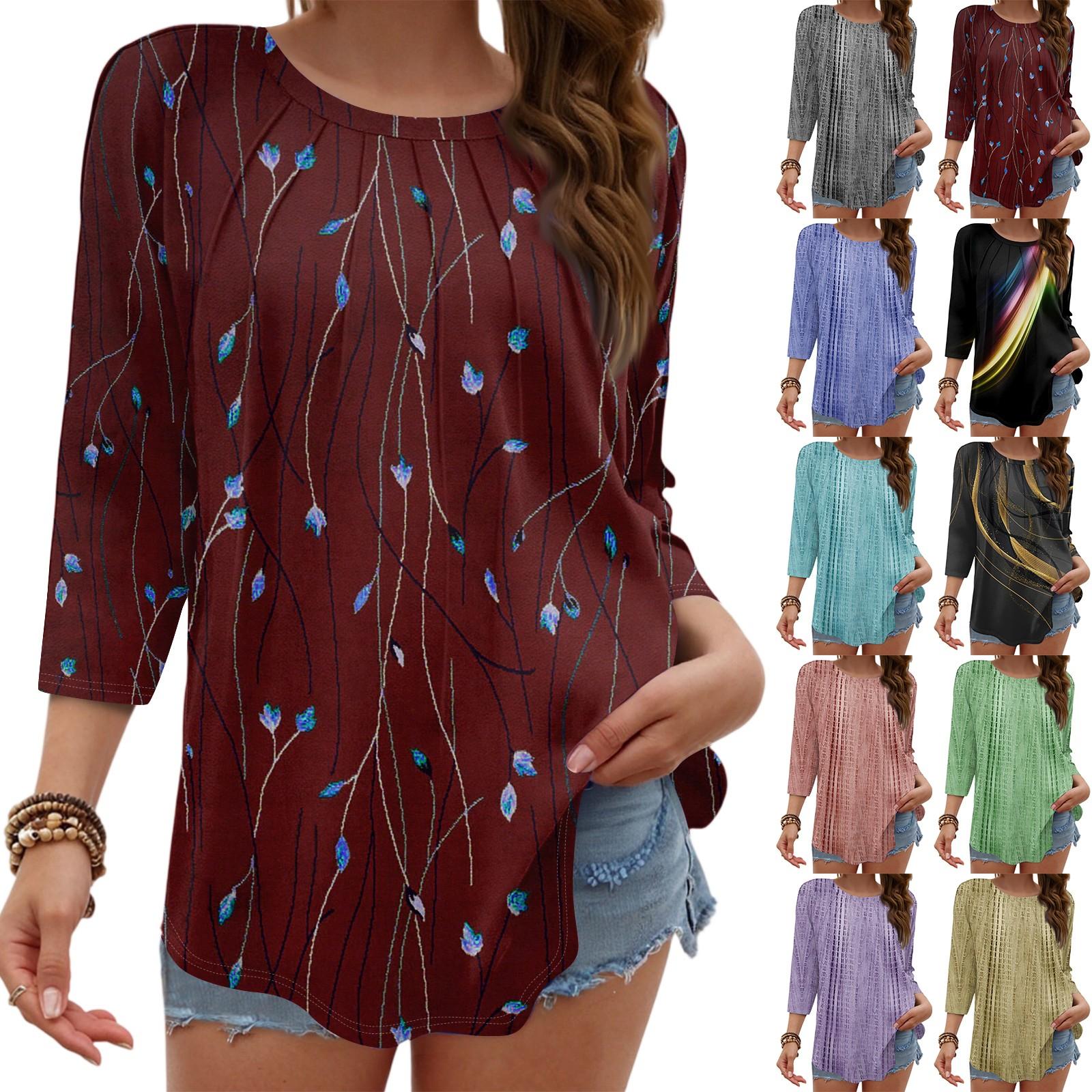 

Omen s Fashionable Round Neck 3/4 Sleeve Printed Casual Basic Pleated Pullover T-shirt Top M чорний