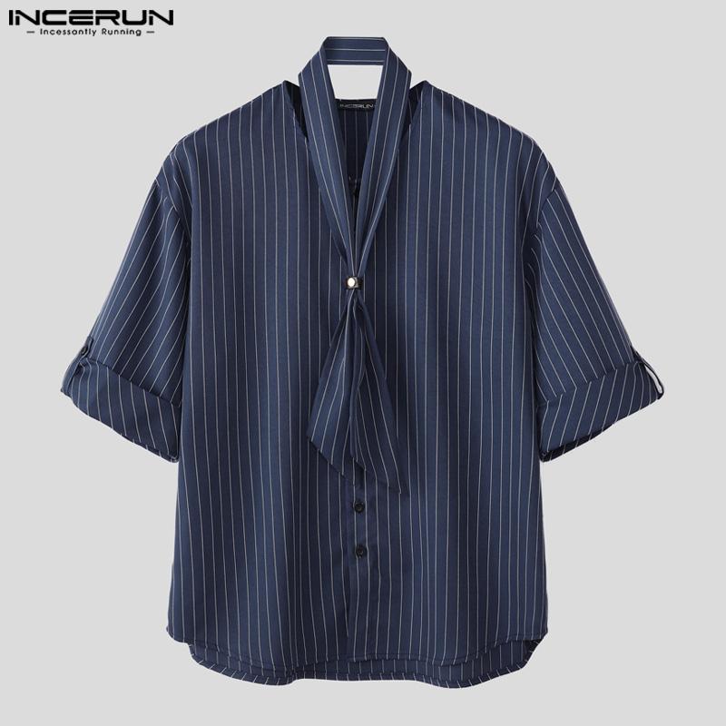 INCERUN 2PCS Men Tie Up Neck Short Sleeve Shirt Long Straight Pants Striped Sets