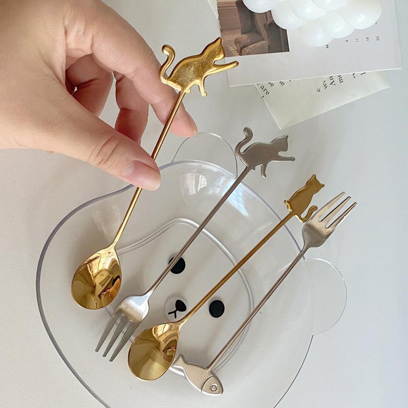 Cute Paintings Cat 304 Stainless Steel Spoon Hollow For Coffee Tea Dessert Spoon Kitchen Tableware Gifts For Students Children