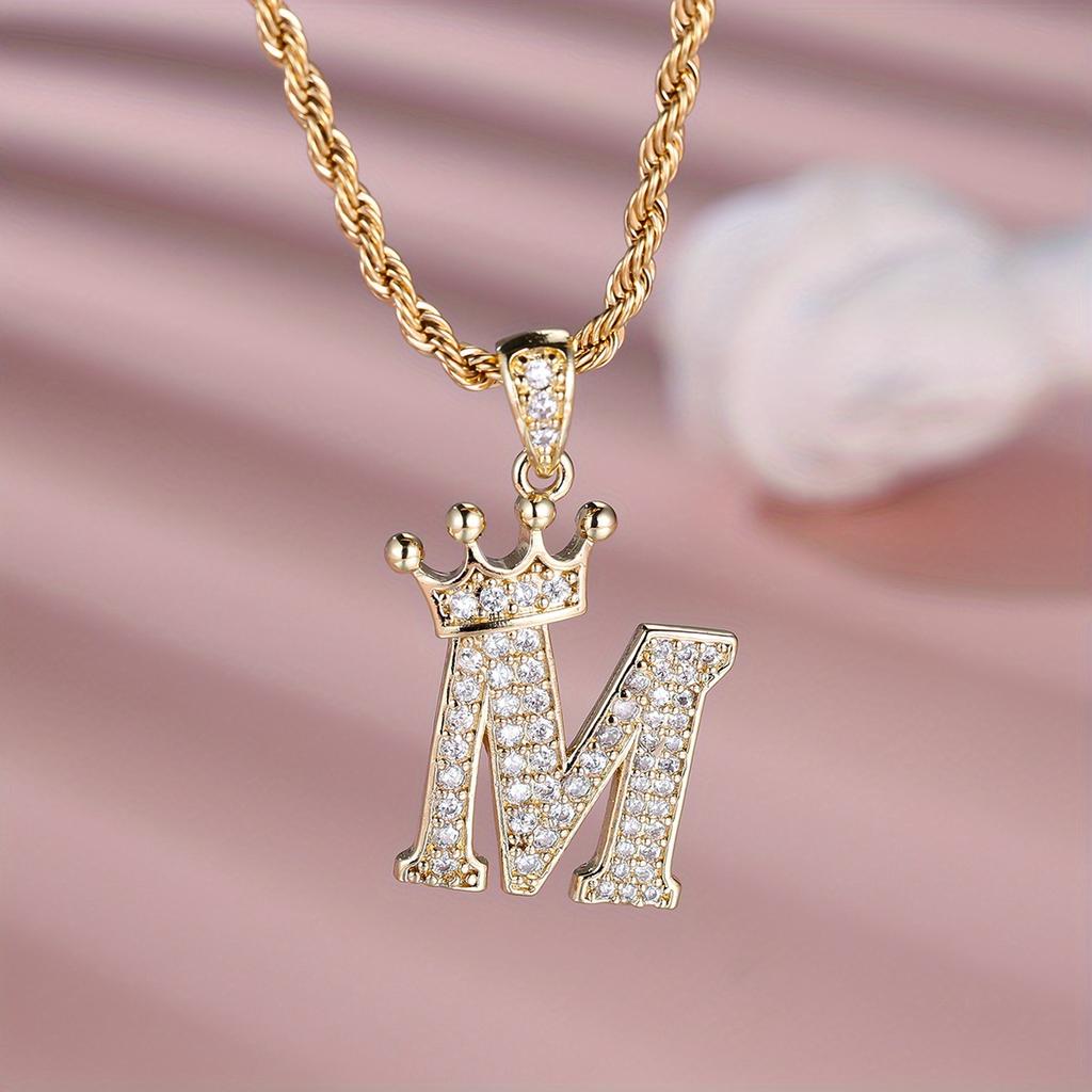 1 Pc Golden Color 26 English Letter Princess Crown Necklace Pendant Wedding Band Jewelry Valentine's Day Gift
