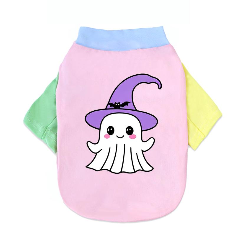 Halloween Cute Ghost Print Pet T‑Shirt Cats & Dogs Soft Cotton Clothes Outfit For Bichon French Bulldog Holiday Party Costume