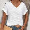 Ladies Summer V Neck Button Short Sleeve Breathable Hollow Solid Color Pullover T Shirt Top