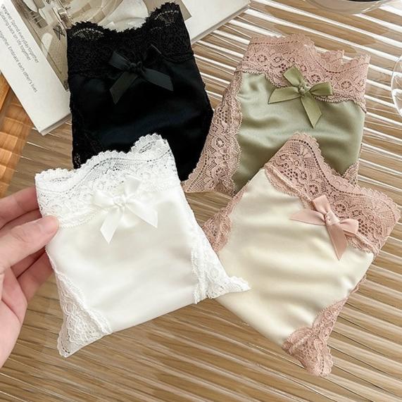 Pure Desire Lace Panties for Women Summer Thin Sexy Bow Satin Breathable Girl High Slit Low Waist Briefs
