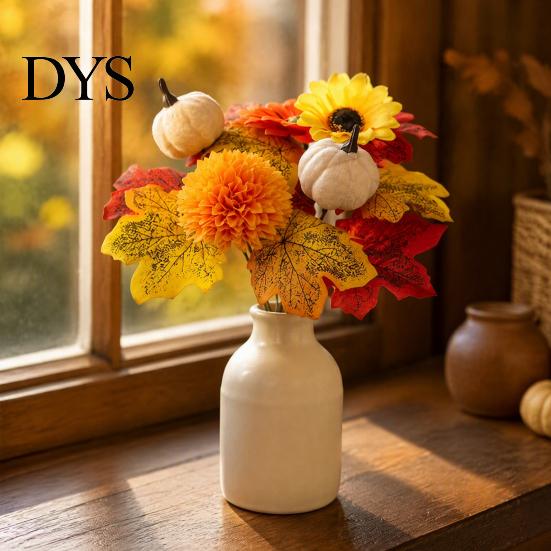 Holiday Gift for Thanksgiving Artificial Sunflower Maple Leaf Bouquet, Fall Flowers, Realistic Silk Faux Leaves Vase Flower Table Mantel Entryway