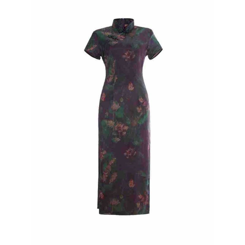 Printed Standing Neck Long Skirt Qipao Print Stand-up Collar Slim Fit Long Dress Cheongsam Women