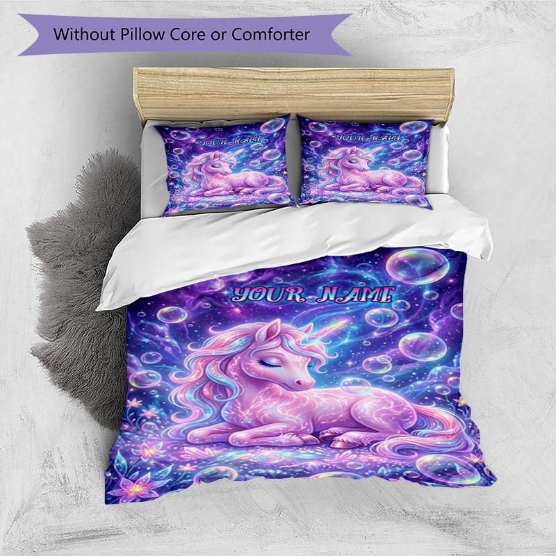 3PC Custom Name Unicorn Dreams Space Bedding Set Duvet Cover Closure Includes 1 Duvet Cover & 2 Pillowcases for Bedroom