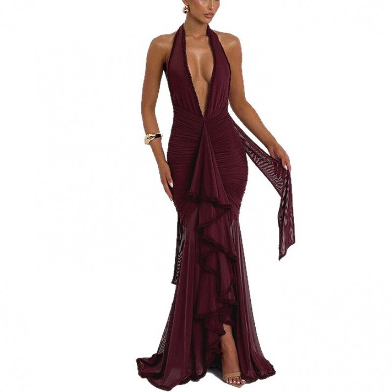2026 European & American Mesh Patchwork Elegant V-Neck Halter Backless Hip-Hugging Maxi Dress