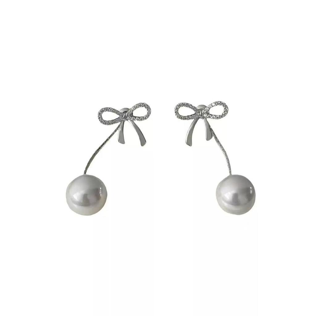 Rear Hanging Sparkling Zirconium Bow Pearl Earrings Femininity Fringed Stud Earrings Earrings