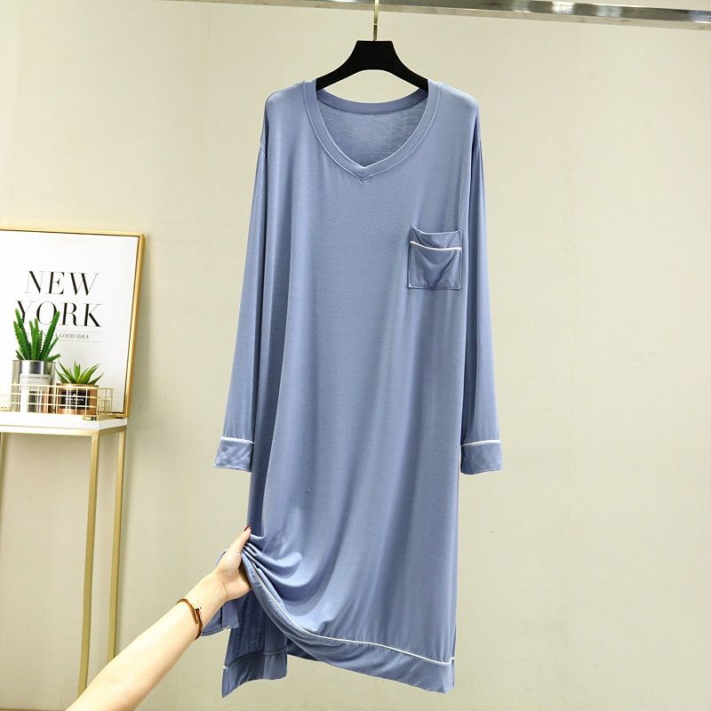 Men's Loose Modal Lounge Dress - Summer Thin V-Neck Long Sleeve Casual Wear, Oversized Home Outfit with Pockets