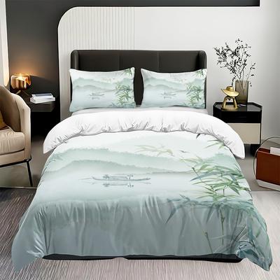 3pc Bedding Set with Ink Bamboo Print (1 Set +2 Pillowcases, No Core), Suitable for a Warm Bedroom To Meet Different Needs