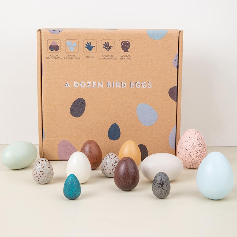 Dřevěná dětská simulační barevná kombinace ptačích vajec, lesní sběr hub, zábavná vejce, kachní vejce, sada hraček do domečku pro panenky