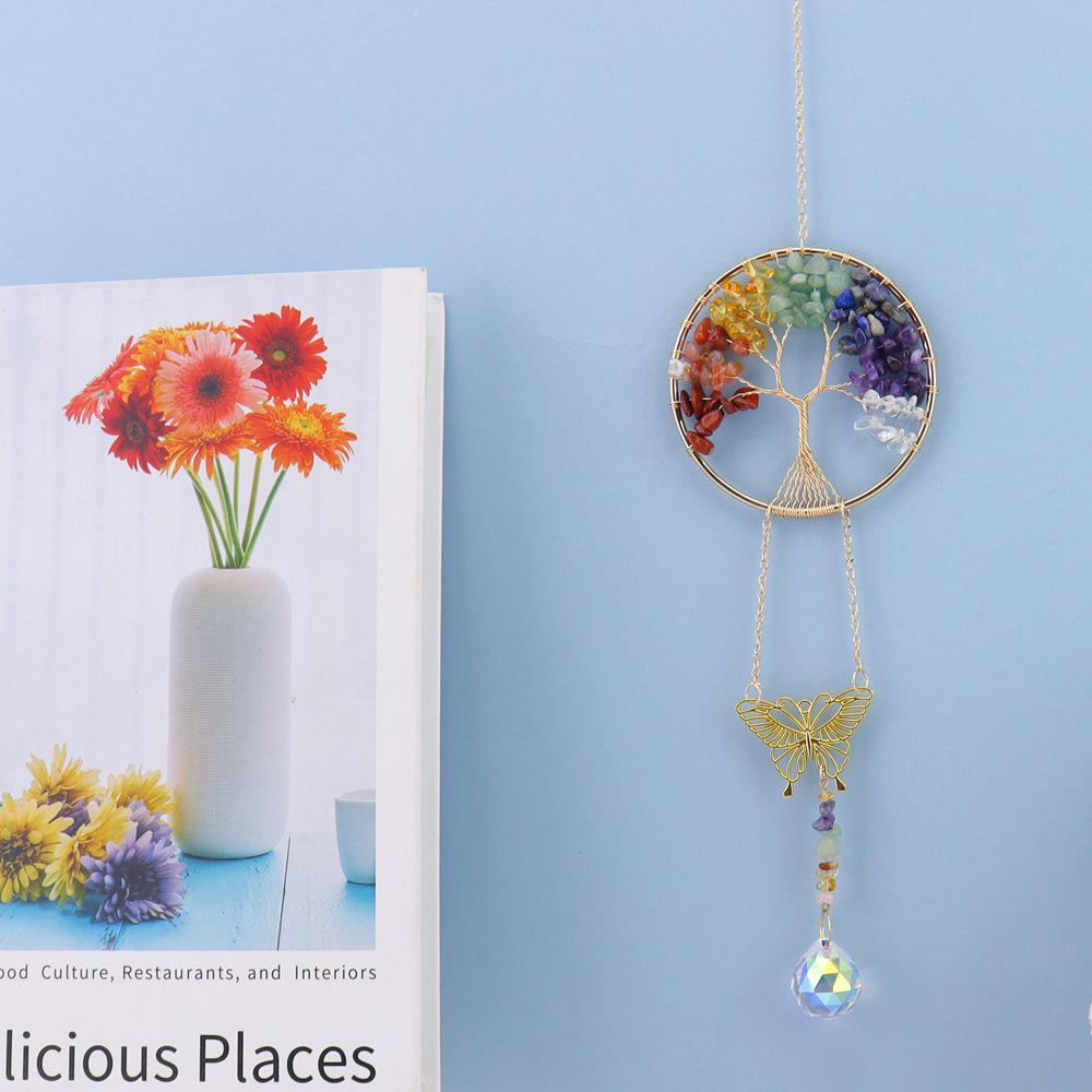 Handcrafted Wire-Wrapped Tree of Life Butterfly Sun Catcher with Crystal Ball Ornament