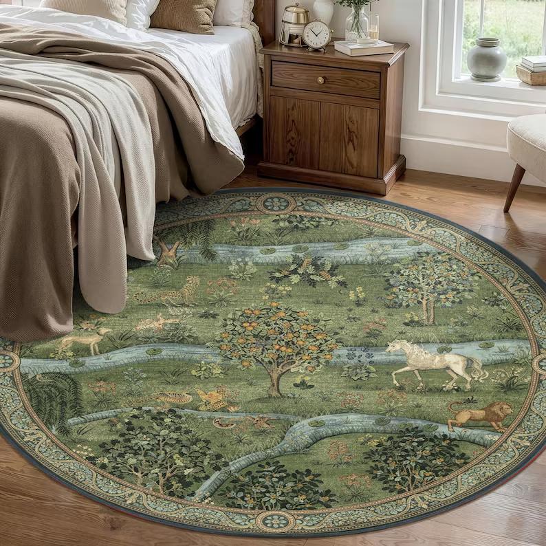 Cottagecore Aesthetic Home Decor Bird Pomegranate Round Rug Vintage Botanical Floral Soft Non-Slip Carpet for Living Room