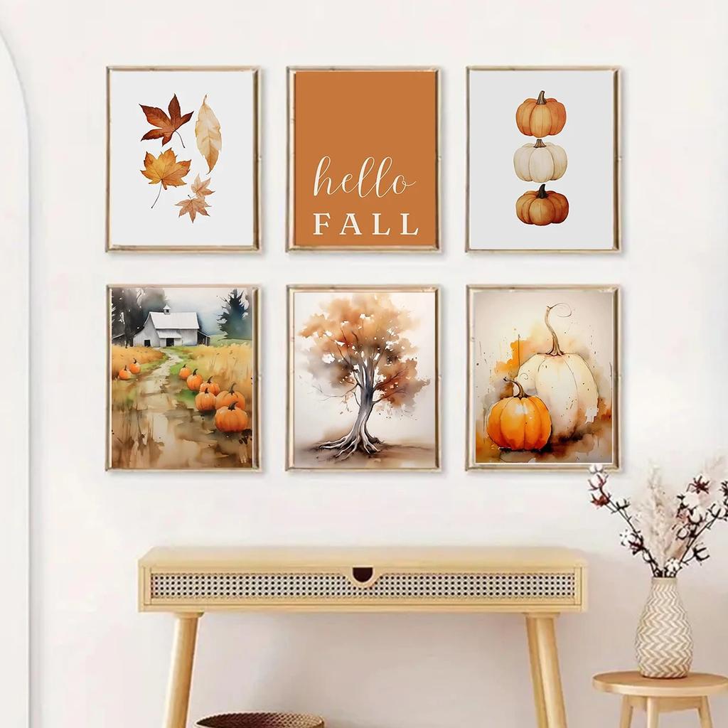 Cute Pumpkins Autumn Leaves Watercolor Canvas Prints Hello Autumn Wall Art Posters for Modern Living Room Halloween Home Deco