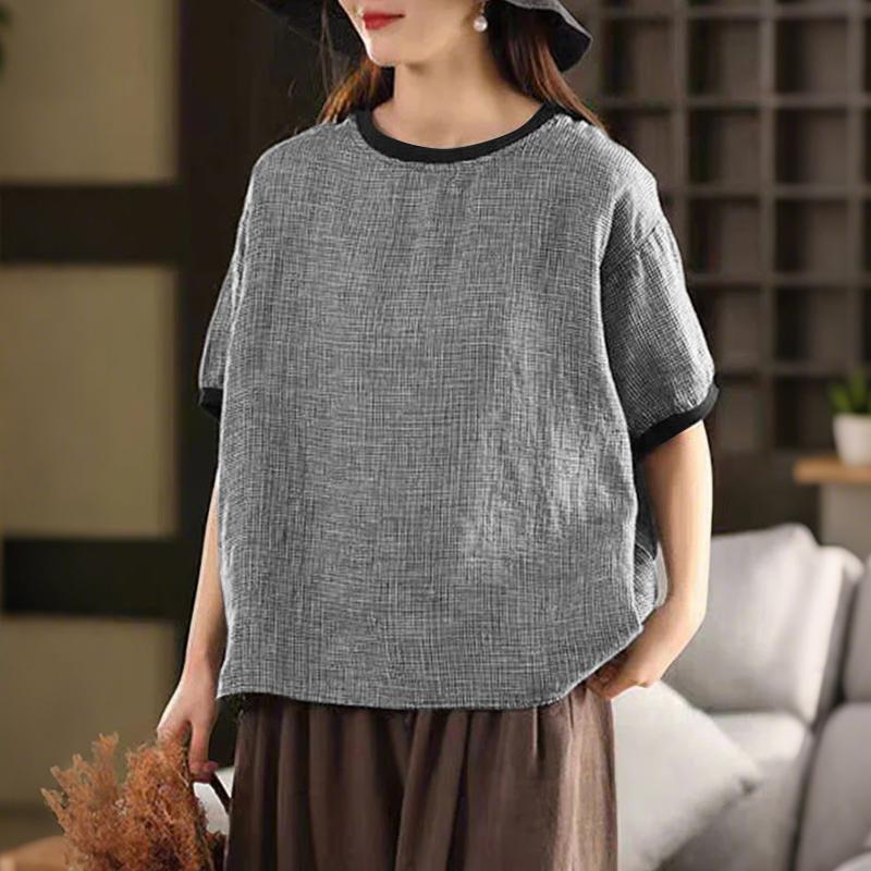 ZANZEA Women Casual Round Neck Grid Print Summer Short Sleeve Blouse