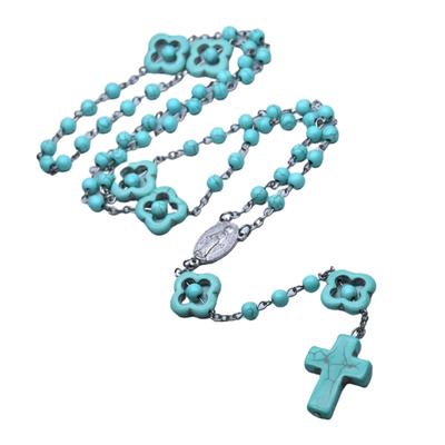 Collares de Rosario con cuentas de turquesa azul, collares con colgante de Cruz católica para mujer, joyería de meditación religiosa cristiana