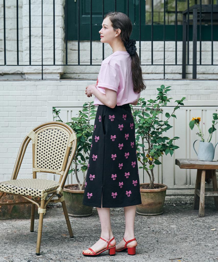 Metapeo Met Ribbon Print Elastic Waist Long Skirt Black