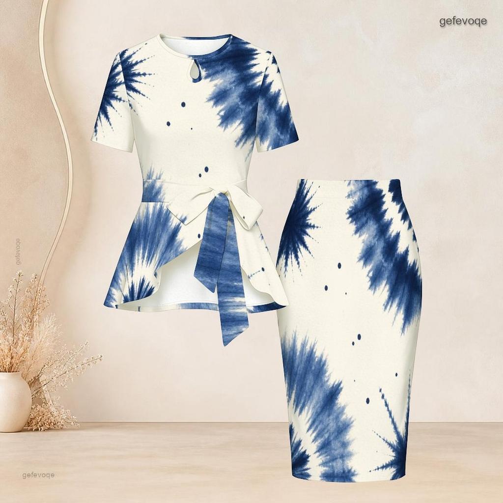 Women Plus Size Round Neck Short Sleeve Printed Tie Waist Top Fitted Skirt Two Piece Set