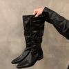 Women's Knee High Boots Sexy Pointed Toe Stiletto Heel Leather Boots Pleated Stack Long Tube Boots Slim Knight Boot Botas Mujer