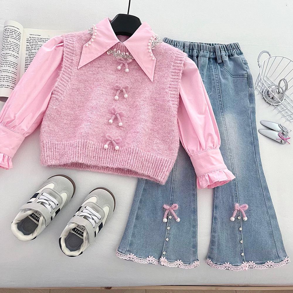 2025 Girls' Trendy Pink Vest, Shirt & Flared Jeans Knitwear Set for Spring & Autumn