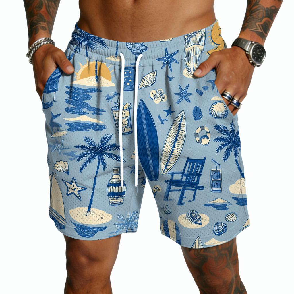 Men's Casual Quick Dry Drawstring Shorts with Hawaiian Print, Lightweight 5-Inch Inseam for Summer