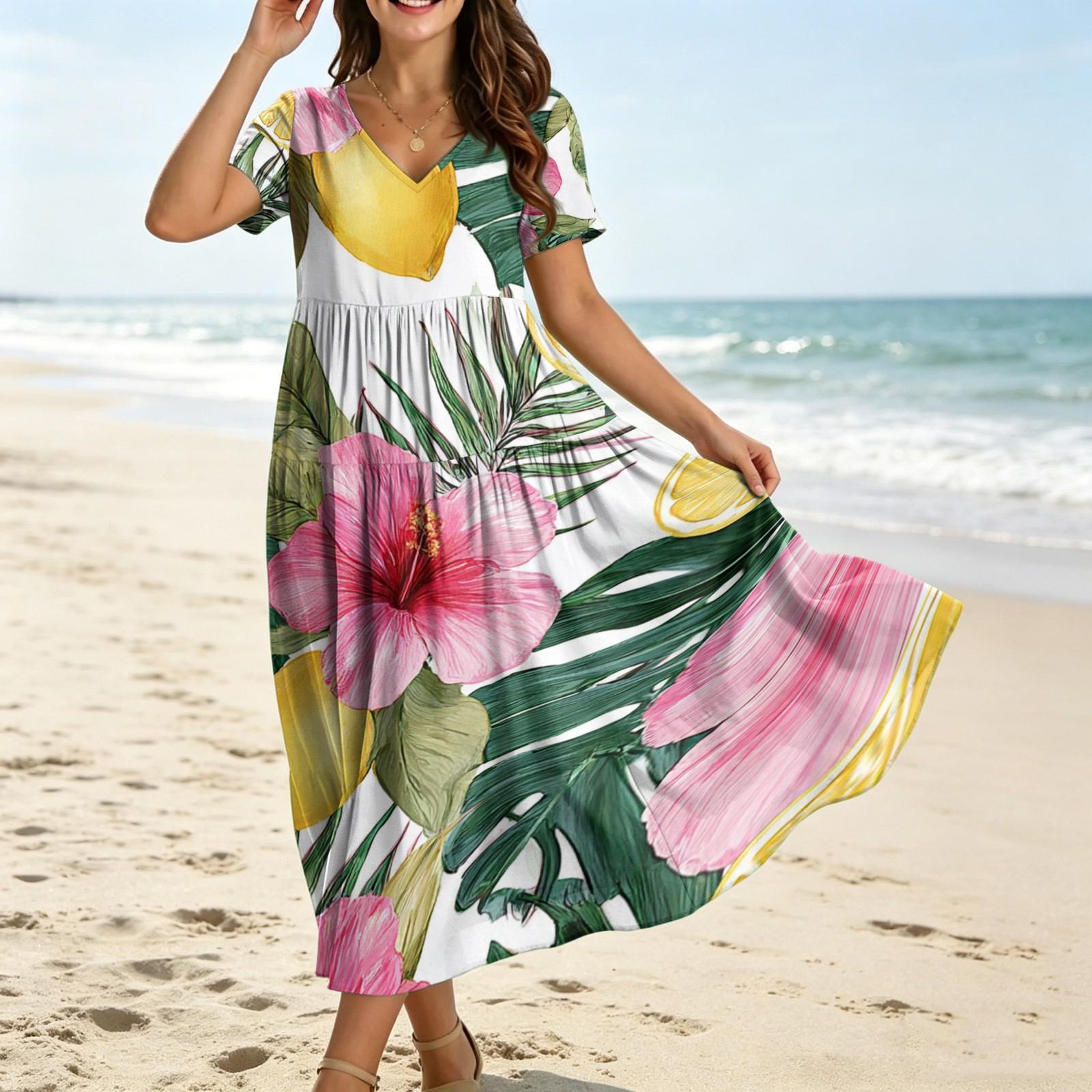 

Women Casual Loose Bohemian Floral Dress Short Sleeve Long Maxi Summer Beach Swing Dress XL жовтий