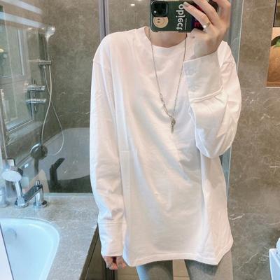 Spring, Autumn and Winter Design White Long Sleeve T-Shirt Women's Medium and Long Loose Bottom Shirt Top