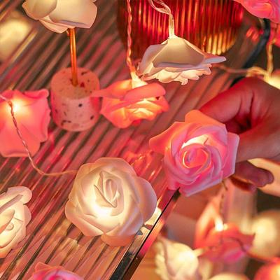 LED Valentines Rose Lichter Valentinstag Dekor Weiß Rosa Rose Lichterkette Künstliche Rose Blumen Girlande Dekoration Hause YSX