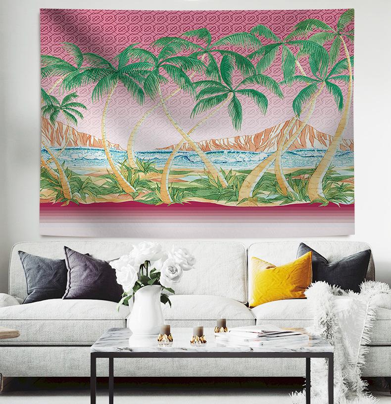 Seaside Coconut Tree LandscapeTapestry 3D Forest Waterfall Landscape Wall Hanging Home Background Cloth Decor Garden Poster for Outside