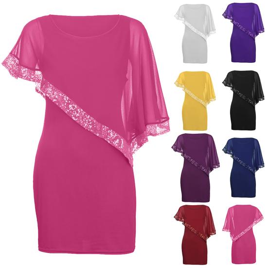 Naiste ühevärviline ümmargune kaelus, ebaregulaarsete litritega lapiline külmade õlgade kleit