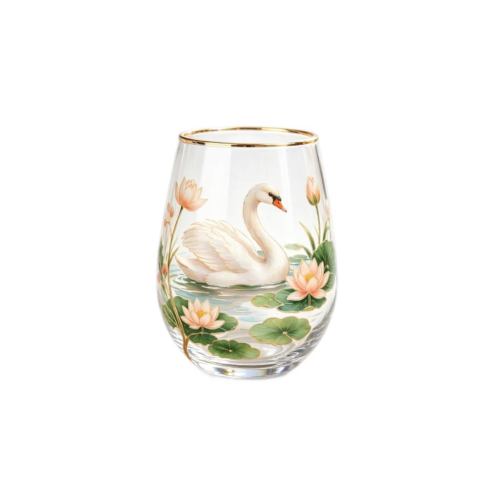 Glass Drinking Cup with Swan and Floral Print Design Stemless Glassware Suitable for Juice Water and Beverage Serving At Home or Office