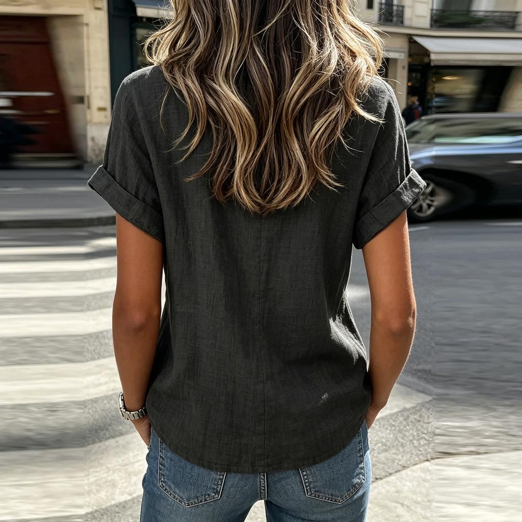Women Short Sleeve V Neck Wrap Blouse Loose Fit Tie Front Irregular Hem Summer Casual Top