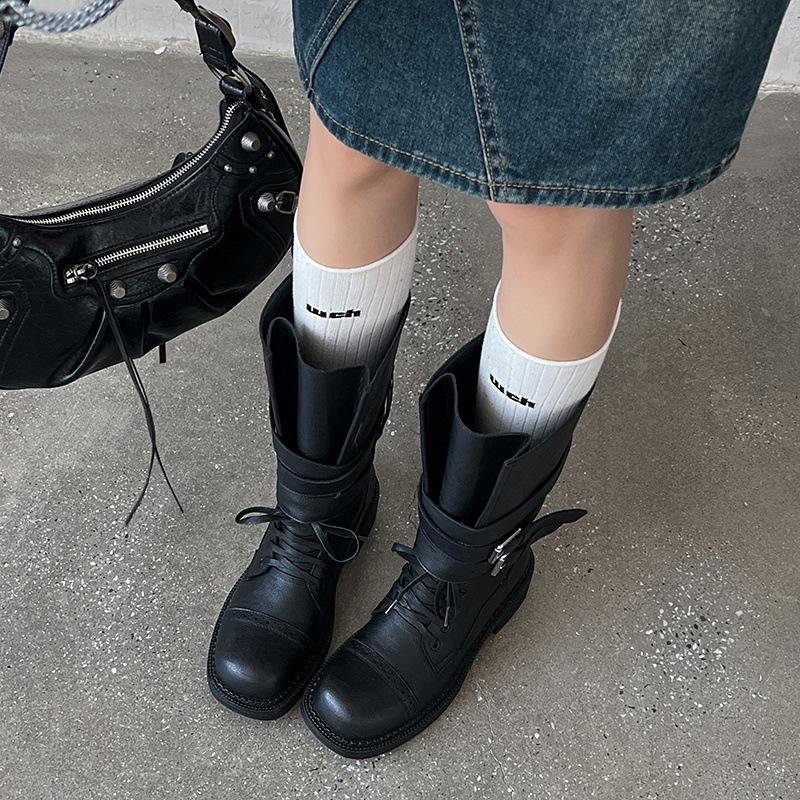 British style lace-up belt buckle thick heel Martin boots women's 2025 new fashion medium tube versatile brown short boots