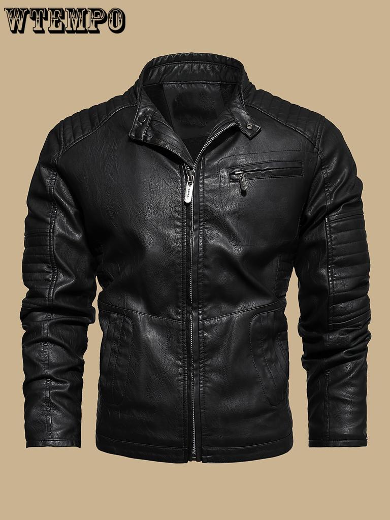 Vintage-Inspired Men's Faux Leather Jacket - Windproof, Warm Fleece Lined, Multi-Pocket Design for Motorcycle Riding & Casual Wear