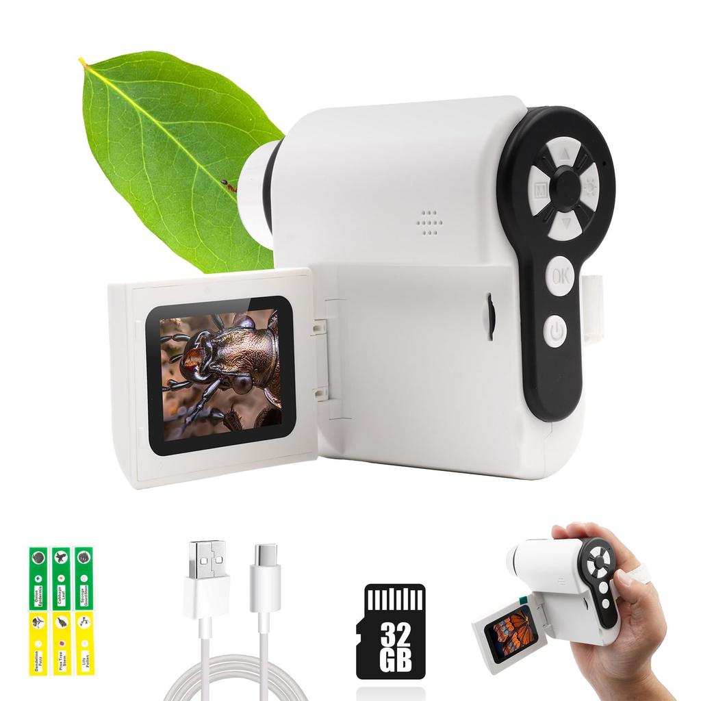 Children's Microscope Camera with 2-inch LCD Screen, 1080P 10X Recording, PC Compatible, Portable Digital Microscope, Pocket Microscope, 32GB Memory C