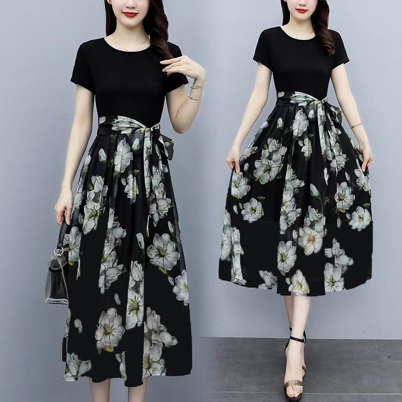 

Summer new temperament short-sleeved printed dress medium and long waist cover fake two-piece long dress 5XL чорний