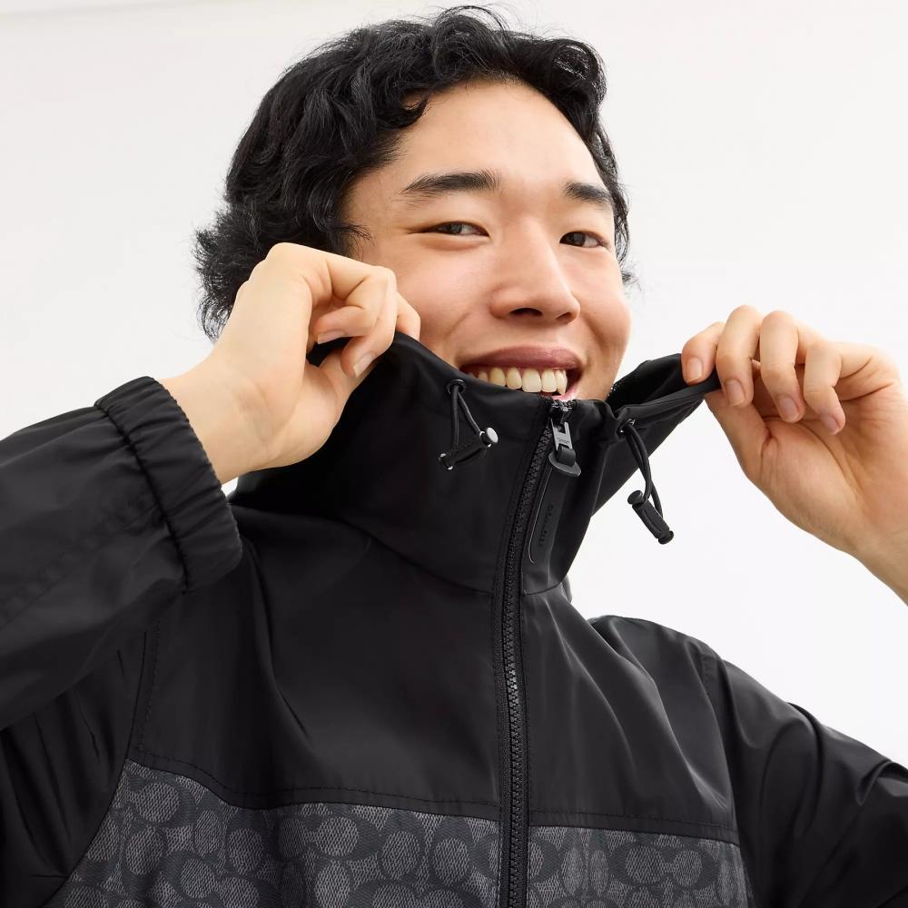 Coach Signature Full Zip WIndbreaker In Recycled Polyester Tan Signature