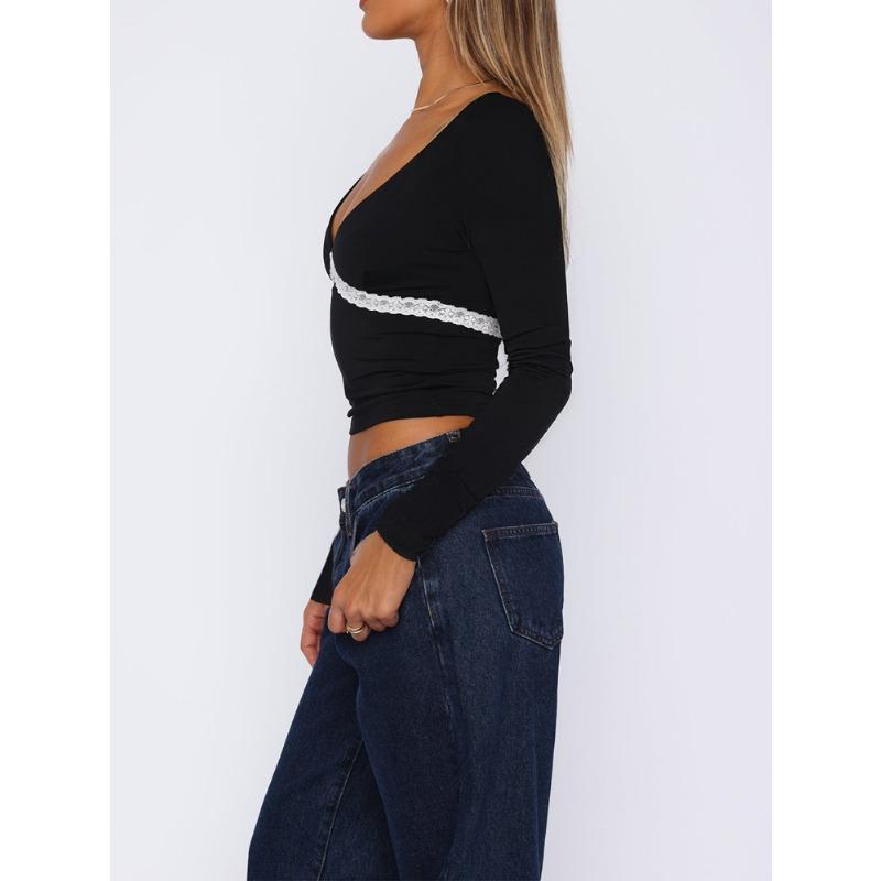 Women's Y2k Slim Lace Spliced U-neck Long-sleeved Top