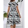 Women's Fashionable Retro Patterned Printing Color Blocked Belt Casual Dress