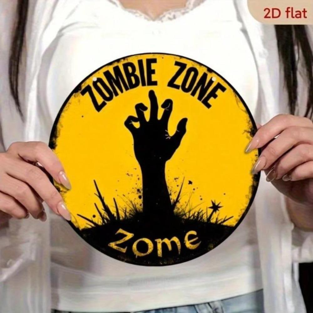 Zombie Zone Halloween Metal Sign Vintage Spooky Decor Hand Painted 8x8 Inch Round
