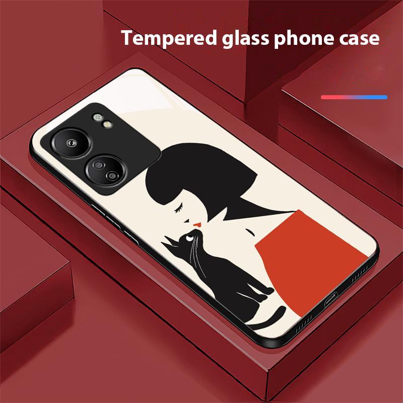 Kočky pijící kávu pro Xiaomi Redmi 13C Note13 12 Pro Plus 5G Note 9 13T Pro POCO X6 F5 F6 Černý kryt na telefon z tvrzeného skla