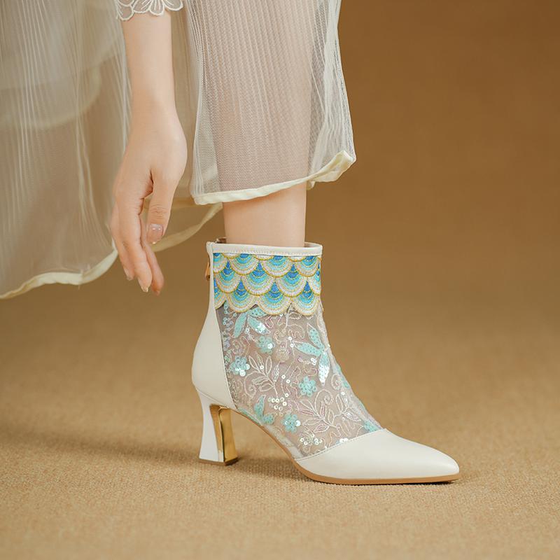 Krazing Pot Cow Skin Pointed Toe Summer Boots Fashion Air Mesh Bling Patch Appliques High Heels Embroidery Ankle Boots