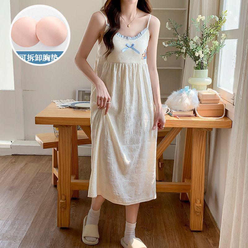 Suspender Nightdress Women's Summer Sleeveless Cloud Cotton Embossed with Chest Pad Removable Cute Sweet New Pajamas Skirt