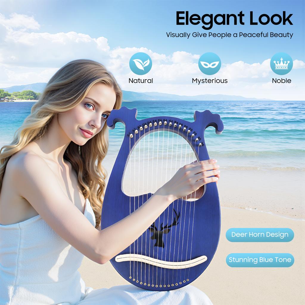 Blue 16 String Lyre Harp Solid Mahogany Antler Design Portable Musical Instrument for Adults Beginners Kids Gift Practice Travel