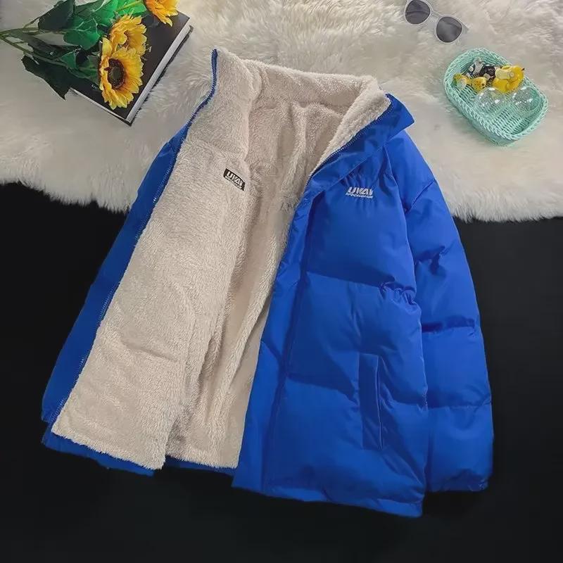 

Двусторонняя мужская зимняя куртка из овечьей шерсти: Утолщенный бархат, модный воротник-стойка, свободный крой для подростков. L синий