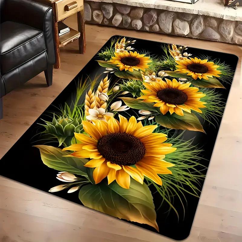 Black Background Sunflower Print Large Rug Soft Living Room Carpet Wear-resistant Floor Mat Sofa Bedroom Home Easy Clean Decor