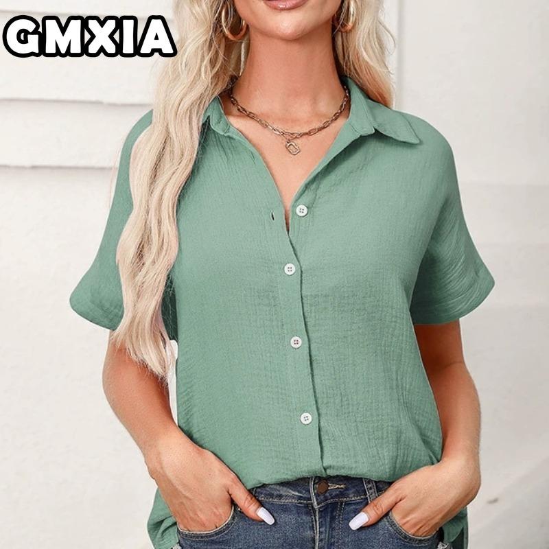 GMXIA Women's Fashion Casual Leisure Solid Color Print Short Sleeve POLO Neck Blouses & Shirts