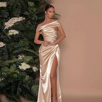 Mercerisiertes One-Shoulder-Kleid mit Schlitzkleid für Damen im Stil der Prominenten, sexy langes Kleid mit Schlitz