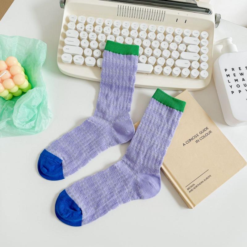Summer Thin Mid-calf Socks, Women's Mesh Hollowed-out Color-blocking Pile Socks, Dopamine Color Series, Cute Long Socks for Girls, Trendy