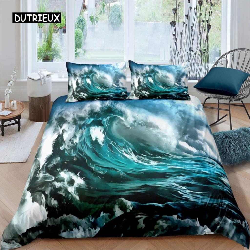 Ocean Wave Duvet Cover Set Beach with Foamy Waves Twin Bedding Set Polyester Sea Shore Holiday Theme Queen King Size Quilt Cover